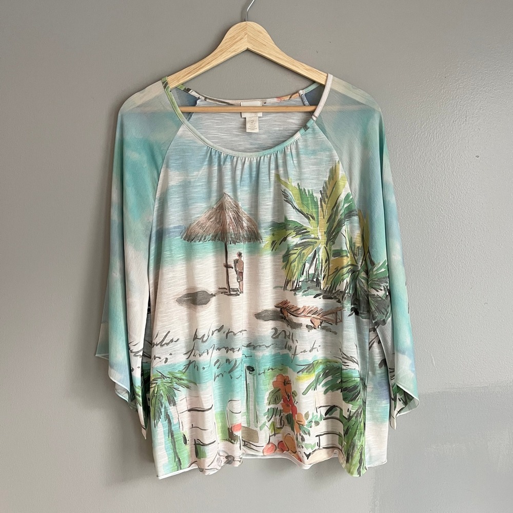 Chicos Tropical Beach Scene Top Blue Green Palm Tree Coastal‎ Vacation 2 Large